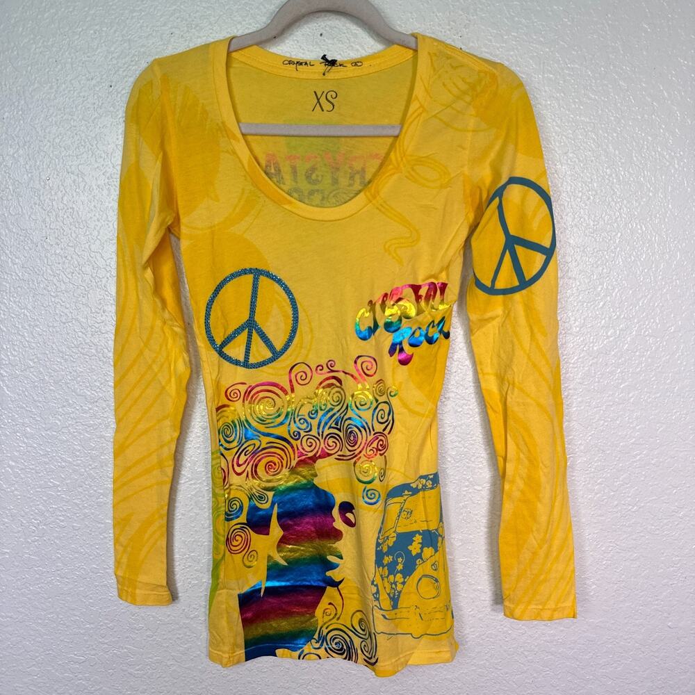 Christian Audigier Y2K Shirt Womens XS Crystal Rock Hippie Free Spirit Top NEW